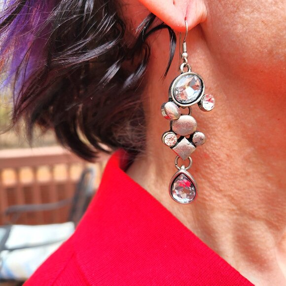Dangle Earrings: Statement Silver-Tone and Crystal Sparkle - Picture 3 of 6